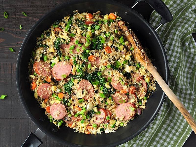 Chicken Cauliflower Fried Rice — Chinese dinner recipe, served and ready to eat