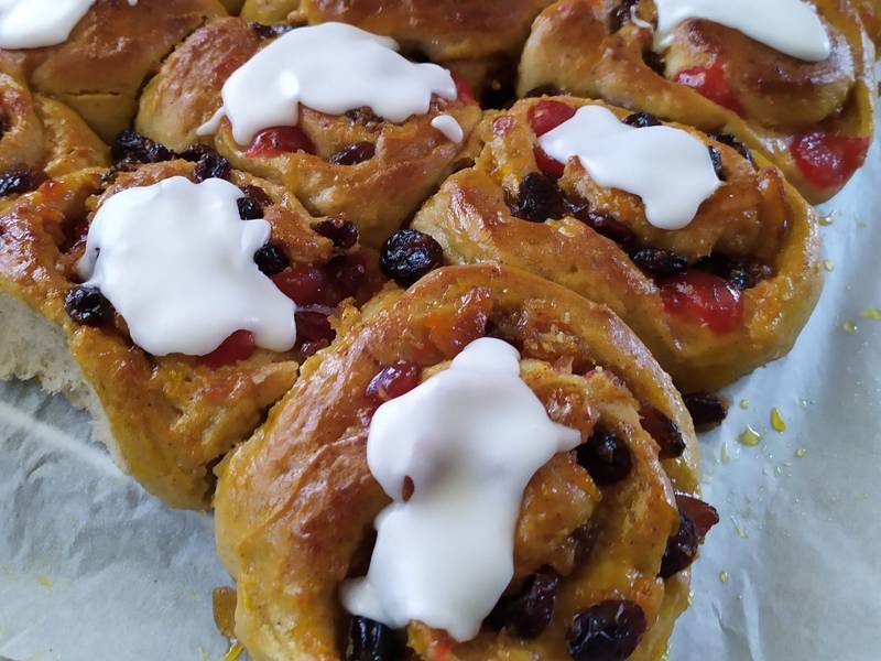 Chelsea Buns — British baking recipe, served and ready to eat