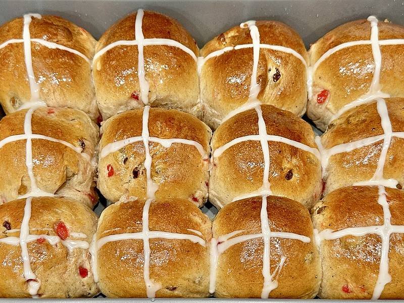 Hot Cross Buns — British baking recipe, served and ready to eat
