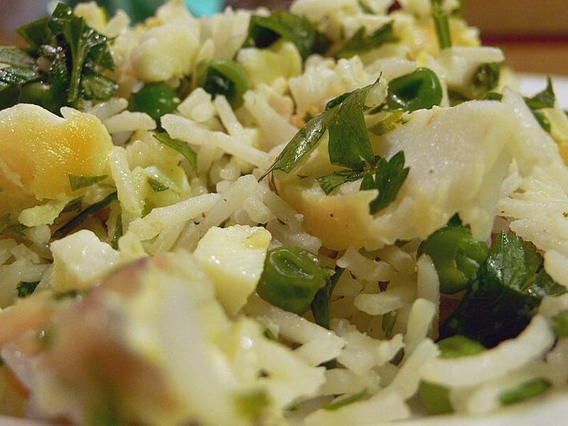 Kedgeree — British breakfast recipe, served and ready to eat