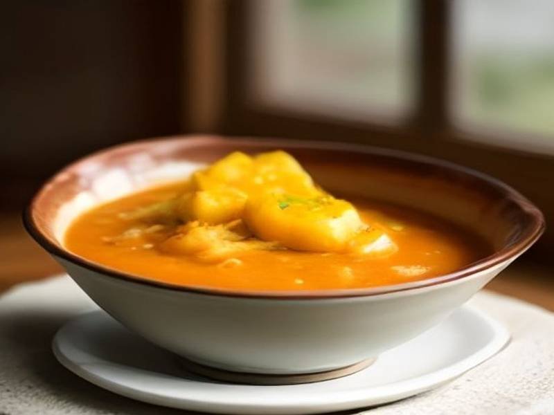 Illustration of Kumara Soup, a New Zealand lunch recipe — creamy kumara and coconut soup