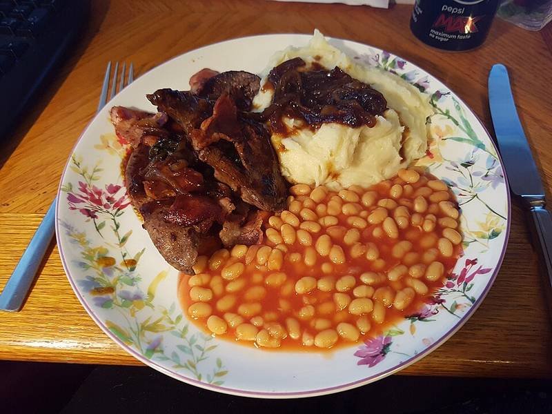 Liver and Bacon with Onion Gravy — British dinner recipe, served and ready to eat