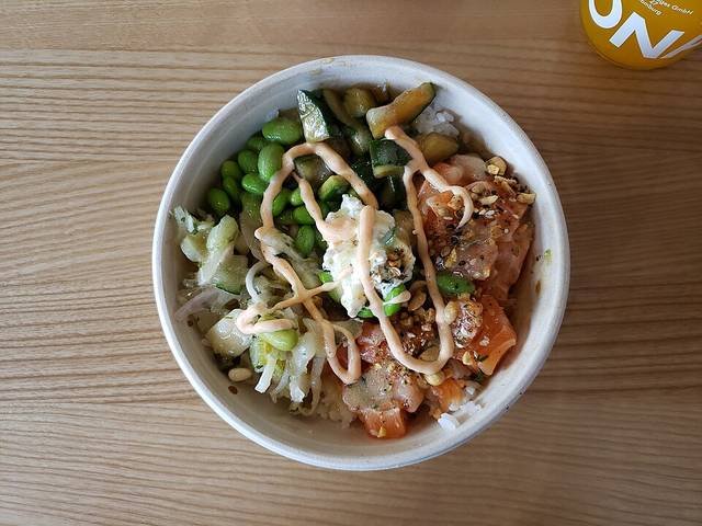 Ingredients and preparation for ahi poke bowl