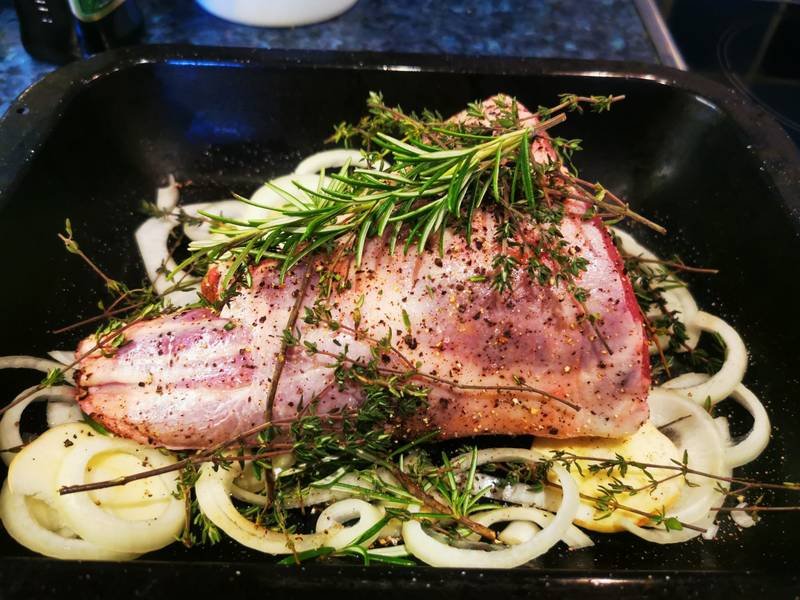 Roast Lamb with Mint Sauce — British dinner recipe, served and ready to eat