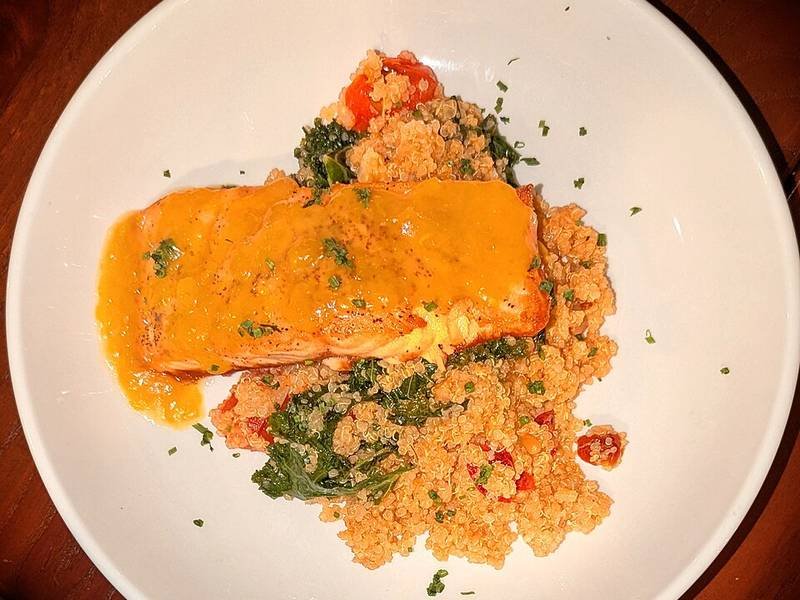 Baked Salmon and Quinoa Bowl — American healthy recipe, served and ready to eat