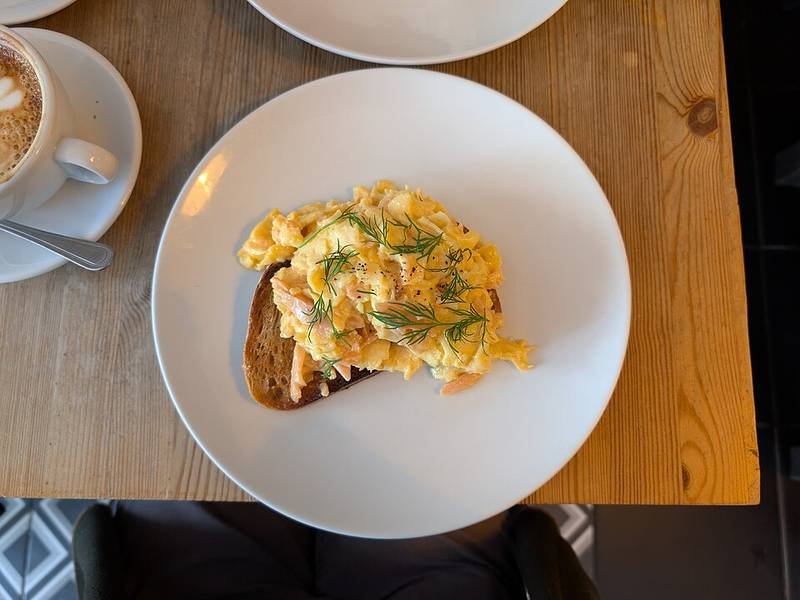 Smoked Salmon Scrambled Eggs — British breakfast recipe, served and ready to eat
