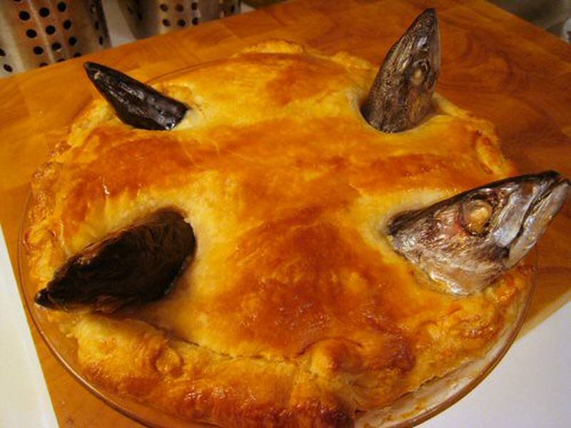 Stargazy Pie — British dinner recipe, served and ready to eat